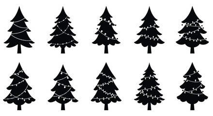 Set of Black and White Christmas Tree Silhouettes With Holiday Decorations

