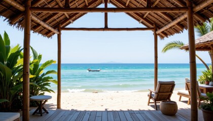 this is an outdoor scene featuring a wooden thatched roof structure with a bench in front of it, overlooking a beach