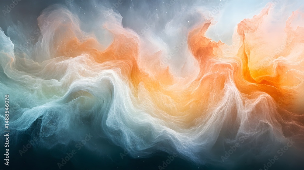 Poster abstract nebulae cascade across space, shifting from cool blues to warm oranges. wisps of cosmic clo