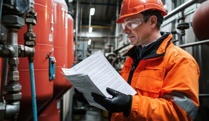 Industrial worker reviewing documents