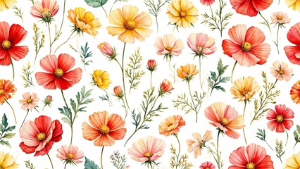 Seamless floral pattern with colorful flowers on a white background
