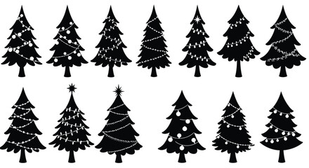 Set of Black and White Christmas Tree Silhouettes With Holiday Decorations

