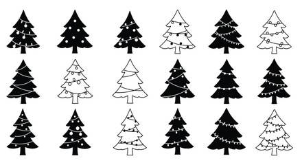 Set of Black and White Christmas Tree Silhouettes With Holiday Decorations

