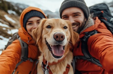 Happy hikers with their dog