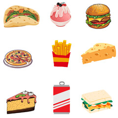 Nine popular food illustrations, including tacos, slusha, hamburgers, pizza, French fries, cheese, cake, soda, and sandwiches. It is bright in color and is appetizing in appearance