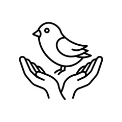 Two hand holding a cute bird illustration