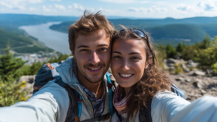 Happy couple taking a selfie at a scenic mountain viewpoint, wearing light hiking gear, panoramic landscape behind them, bright natural lighting, realistic travel photography style.