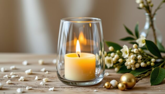 a candle in a glass container sits on a table adorned with scattered confetti, possibly indicating an intimate occasion or celebra