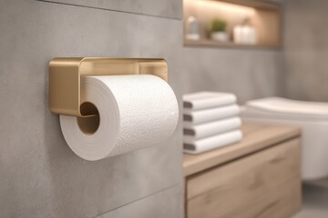 Brushed gold toilet paper holder with extra rolls on minimalist shelf in luxury bathroom