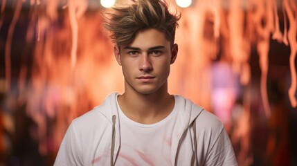 Fototapeta premium Stylish young asian man showcasing glowing fashion in a modern artistic studio setting