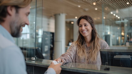 Customer withdrawing cash at a bank counter, handing ID to a smiling bank teller behind a glass screen, clean modern interior, business casual clothing.