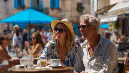 Couple sitting at an outdoor café in a Mediterranean town, smiling and enjoying coffee, warm sunlight, vibrant street scene in background, candid moment.