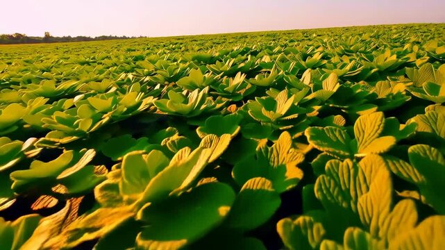 Extensive mats of water lettuce plants blanket surface of the water creating a vibrant, organic pattern of lush vegetation.