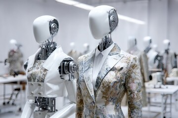 Robots in a fashion design studio, adorned in stylish attire