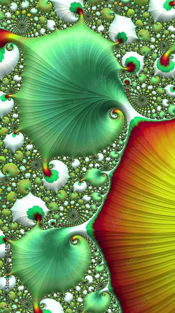 Poster fractal artwork displays a blend of swirling green and red with complex detailing, vertical video