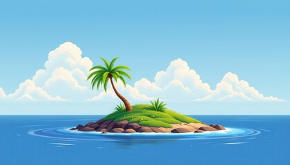 Fototapeta premium an illustration of an idyllic island scene with a palm tree at its center and clear blue waters surrounding it