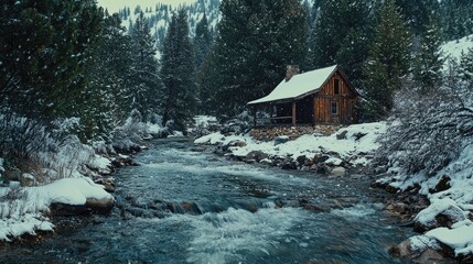 Snowy mountain stream flows past a rustic cabin.