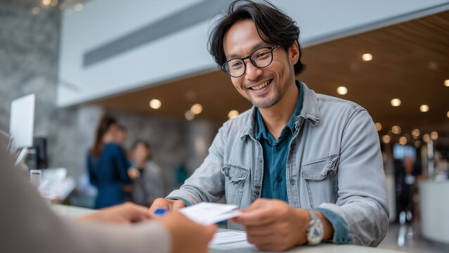 Asian man at a bank counter withdrawing funds, handing a transaction slip to a teller, modern bank lobby background.