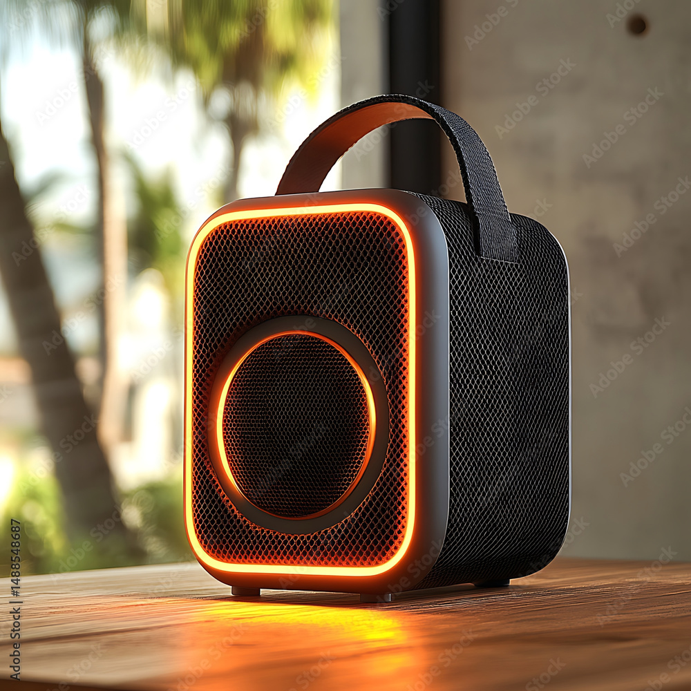 Aufkleber compact square speaker with rounded edges and stylish design, featuring glowing orange light. this p
