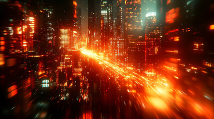 Abstract blurry cityscape with warm light streaks representing motion & urban density