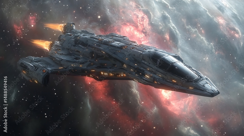 Poster Futuristic spaceship soars through a vibrant nebula. Sleek design, orange engine flames against a backdrop of cosmic clouds and stars. Ideal for sci-fi themes. Astronomy and Galaxy backgrounds
