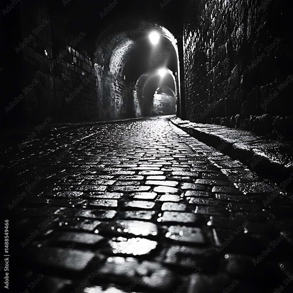 Poster dimly lit cobblestone path leads through archway, creating mysterious atmosphere. wet stones reflect