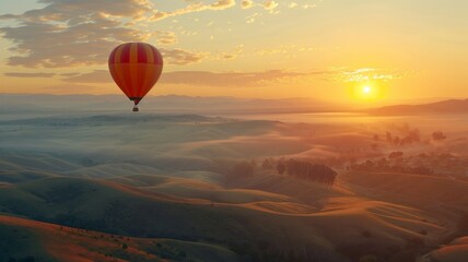 Obraz premium Sunrise Hot Air Balloon Ascent Over Rolling Hills - A vibrant sunrise paints the sky as a hot air balloon gracefully ascends over picturesque rolling hills, symbolizing adventure, freedom