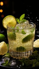 Fototapeta premium Glass of refreshing mojito filled with lime slices, ice cubes and sparkling bubbles isolated on green studio. Concept of cocktails, party, celebration, joy, freshness, summer, alcohol, vacation.