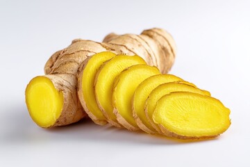 Isolated on white, a picture of sliced fresh ginger and its corresponding leaves