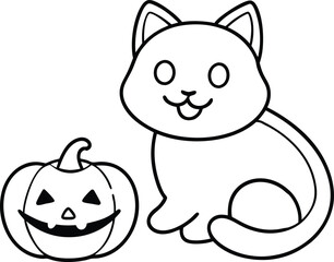 Cute Cat with Pumpkin Halloween Coloring Page for Children