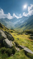 Fototapeta premium Majestic Mountains Under a Bright Sun With Lush Green Valleys and Rocky Formations