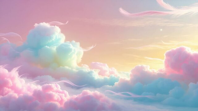 Sweet pastel shades accompanied by fluffy clouds in the sky. Video of a colorful rainbow. Abstract depiction of burgeoning light.