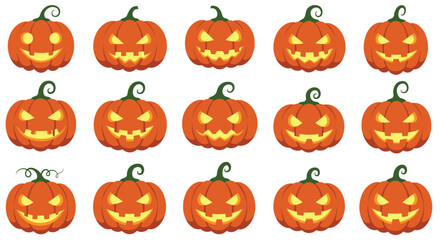 Festive collection of illustrated jack-o'-lantern pumpkins with assorted glowing faces ideal for Halloween decorations or designs.

