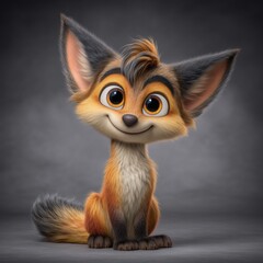 Cartoon fox with fluffy tail smiling in front of grey gradient background
