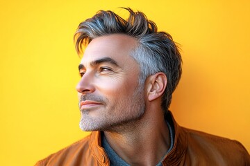 Obraz premium A joyful male captured in a professional portrait. Idea of style for aging men. Elegant men's crew cut haircut - midlife white man with grey hair. Yellow solid background.