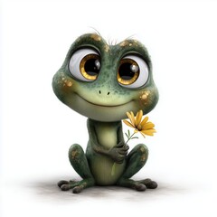 Cartoon frog holding flower with big golden eyes sitting and smiling
