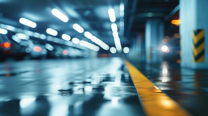 Modern minimal blur of a large car parking lot with open city view