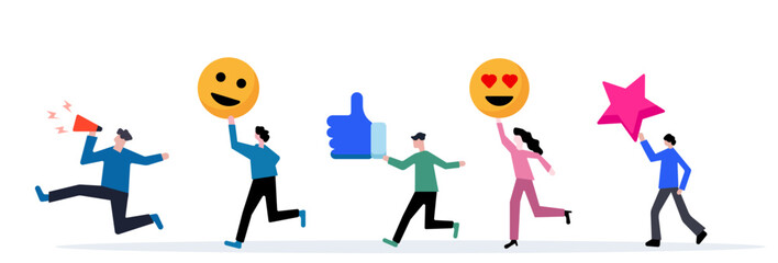 People running with emojis, like, star and megaphone icons, social media engagement illustration
