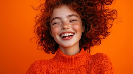 Happy redhead woman laughing with curly hair against orange background.