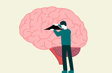 A person looking inside brain to analyze mental condition, mental health illustration