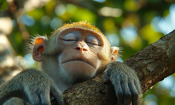 A resting macaque monkey is peacefully resting, eyes closed, on a tree branch with its furry hands. The sunlight filters through the green leaves
