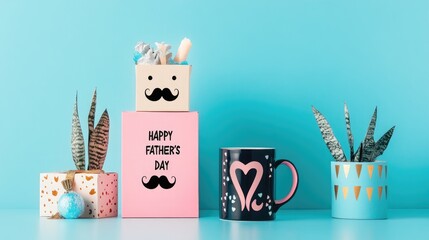 Father's Day Flat Lay Photography, Light Blue Background with Snake Plants, Pink Gift Box with Black Mustache, Heart Design Mug and Striped Ribbon, Minimalist Holiday Decor, Gift Wrapping Inspiration 