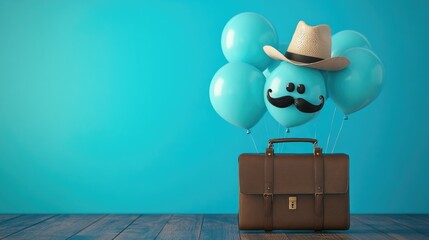 Father's Day 3D Render Illustration, Brown Briefcase on Blue Wood Floor, Floating Balloons with Mustache Hat, Modern Office Gift Concept, Minimalist Spatial Hierarchy Design, Birthday Celebration Art