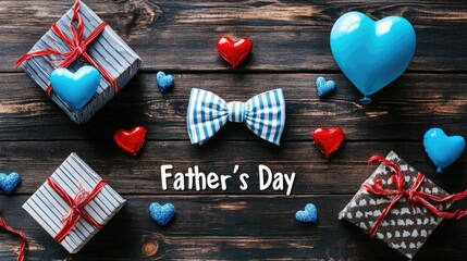 Father's Day Graphic Design on Dark Wood Background, White Script Text with Red Blue Hearts, Striped Gift Boxes and Bow Tie, Minimalist Greeting Card Template, Social Media Graphic Design