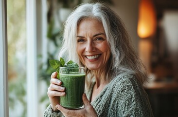 Smiling senior woman enjoying a healthy green smoothie
