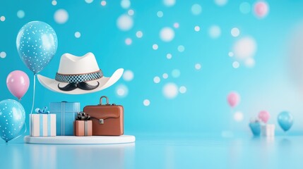 Father's Day Promotion 3D Render, Blue Background Bokeh Effects with Gift Boxes, Blue White Striped and Brown Boxes, Mustache Tie White Hat, Floating Balloons, Corporate Event Decoration