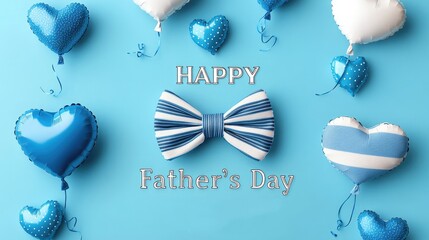 Father's Day Graphic Design on Light Blue Background, Blue White Striped Bow Tie Separating "HAPPY Father's Day" Text, Heart and Polka Dot Balloons Floating, Minimalist Greeting Card Template