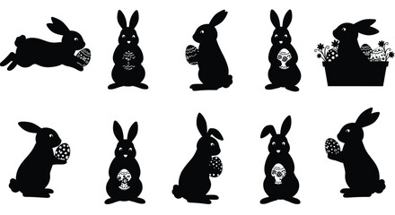 A collection of black silhouette illustrations of bunnies holding patterned eggs, representing Easter themes. The designs showcase cute rabbits in different postures, ideal for festive or creative des