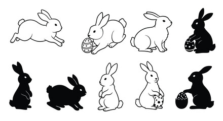A collection of black silhouette illustrations of bunnies holding patterned eggs, representing Easter themes. The designs showcase cute rabbits in different postures, ideal for festive or creative des