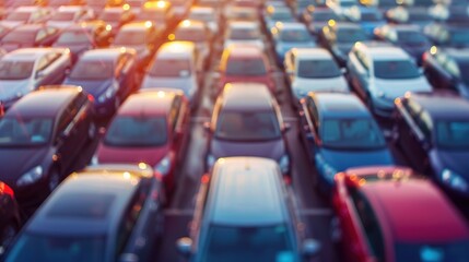 Fototapeta premium Blurred outdoor car parking area with white lines and concrete surface